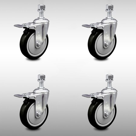 Service Caster 5 Inch SS Black Polyurethane 12mm Threaded Stem Caster Set Total Lock Brake SCC-SSTSTTL20S514-PPUB-BLK-M1215-4